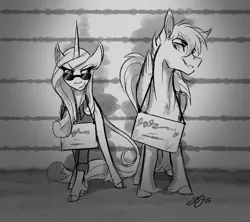 Size: 3011x2670 | Tagged: safe, artist:probablyfakeblonde, derpibooru import, oc, oc:frostflow, oc:umami stale, unofficial characters only, pegasus, pony, unicorn, line-up, mugshot, prison, smug