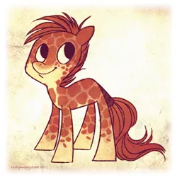 Size: 500x500 | Tagged: artist:carly hwang, brown eyes, derpibooru import, foal, giraffe, long neck, oc, oc:acacias zarafu, safe, smiling, spots, tail wrap, unofficial characters only