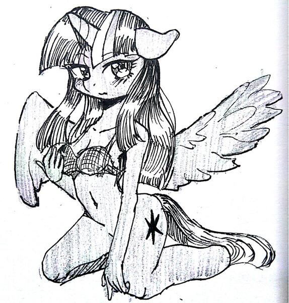 Size: 979x1024 | Tagged: anthro, artist:yajima, bottomless, breasts, clothes, derpibooru import, grayscale, monochrome, questionable, twilight sparkle, twilight sparkle (alicorn)
