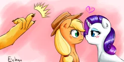 Size: 1200x604 | Tagged: safe, artist:mornincloud, derpibooru import, applejack, discord, rarity, discord the shipper, female, lesbian, lesbian in front of boys, male, rarijack, shipping