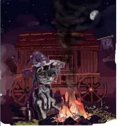 Size: 487x510 | Tagged: safe, artist:someschmoe, derpibooru import, trixie, pony, unicorn, alcohol, campfire, carriage, cigarette, clothes, female, fire, flockmod, mare, night, sad, sky, smoke, smoking