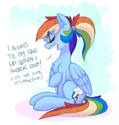 Size: 952x999 | Tagged: safe, artist:xieril, derpibooru import, rainbow dash, pegasus, pony, abstract background, alternate hairstyle, beanbrows, blatant lies, blushing, chest fluff, cloud, cloudy, cute, dashabetes, embarrassed, eyes closed, female, fluffy, i'm not cute, mare, nervous, open mouth, ponytail, raised hoof, shivering, sitting, solo, sweat, tsunderainbow, tsundere, wavy mouth