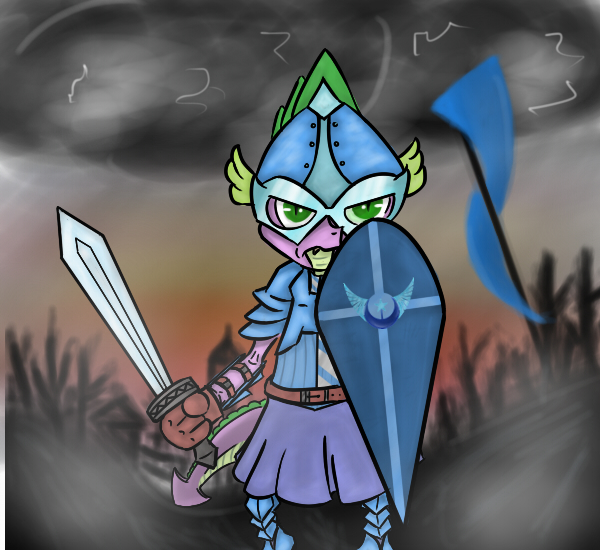 Size: 600x550 | Tagged: anthro, armor, artist:radecfrack, banner, belt, black clouds, bracer, clothes, cloud, cloudy, derpibooru import, fantasy class, frown, gloves, helmet, kite shield, knight, new lunar republic, safe, shield, solo, spike, sword, tunic, warrior