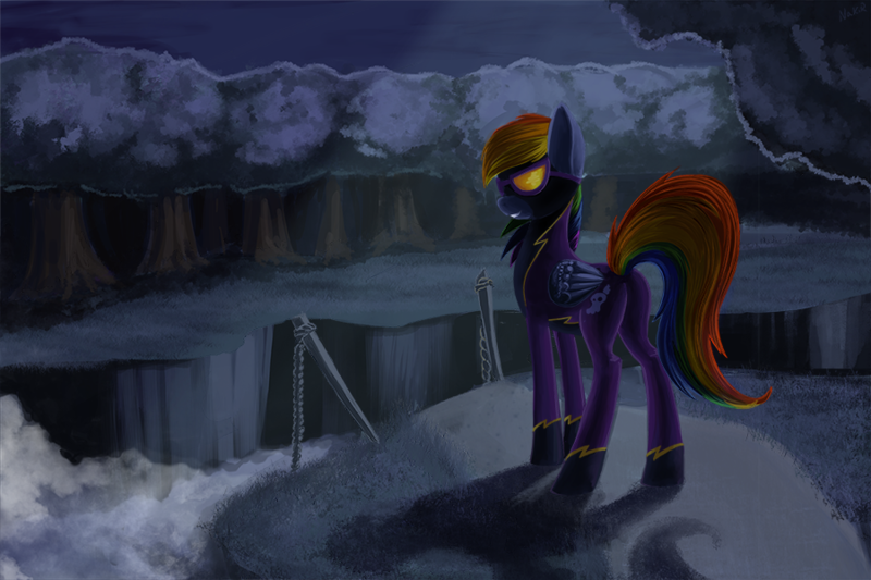 Size: 900x600 | Tagged: artist:1nakir1, bad end, betrayal, clothes, costume, derpibooru import, disloyalty, friendship is magic, rainbow dash, safe, shadowbolt dash, shadowbolts, shadowbolts costume, solo