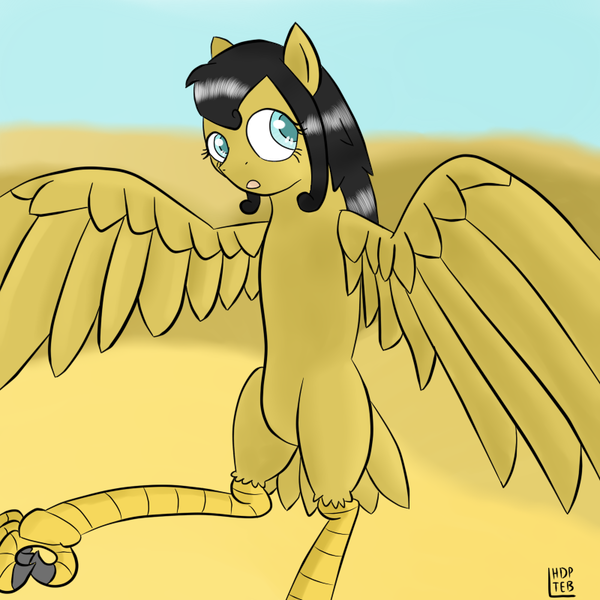 Size: 800x800 | Tagged: artist:happydeadpony, artist:teb, bird, creature, derpibooru import, egypt, harpony, harpy, monster mare, oc, oc:cloepty, original species, safe, sand, solo, unofficial characters only, wings