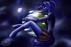 Size: 3000x2000 | Tagged: safe, artist:artistafrustrado, derpibooru import, oc, unofficial characters only, anthro, unguligrade anthro, unicorn, bedroom eyes, clothes, colored, commission, earth, giant anthro, giant pony, giantess, hug, macro, moon, planet, pony bigger than a planet, skirt, the giant unname unicorn