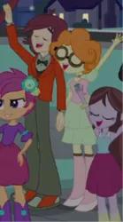 Size: 232x416 | Tagged: safe, derpibooru import, screencap, normal norman, scootaloo, scribble dee, velvet sky, equestria girls, background human, boots, chloe commons, clothes, fall formal outfits, high heel boots, holding hands, shoes, sneakers