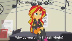 Size: 1280x720 | Tagged: safe, derpibooru import, edit, edited screencap, screencap, flash sentry, sunset shimmer, equestria girls, rainbow rocks, crossed arms, frown, gay, headcanon, image macro, male, meme, sitting, solo, unamused, virgin