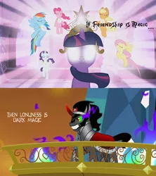 Size: 1280x1440 | Tagged: applejack, dark magic, derpibooru import, edit, edited screencap, elements of harmony, fluttershy, friendship, friendship is magic, headcanon, king sombra, lonely, magic, mane six, pinkie pie, rainbow dash, rarity, safe, screencap, the crystal empire, the elements in action, theory, twilight sparkle