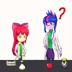 Size: 1000x1000 | Tagged: safe, artist:jumboz95, derpibooru import, apple bloom, sci-twi, twilight sparkle, fairy, equestria girls, alternate hairstyle, apple, flashback potion, question mark, scientist, test tube