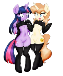 Size: 1001x1202 | Tagged: suggestive, artist:danmakuman, artist:ponyguy67, derpibooru import, twilight sparkle, twilight sparkle (alicorn), oc, oc:peachy cream, pony, semi-anthro, belly button, bipedal, clothes, colored, featureless crotch, latex, midriff, socks, thigh highs