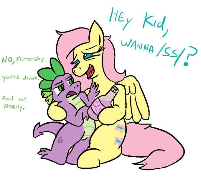 Size: 927x815 | Tagged: alcohol, artist:jargon scott, bedroom eyes, derpibooru import, dialogue, drink, drunk, drunkershy, female, fluttershy, flutterspike, frown, hey kid you wanna ss?, hug, implied sparity, male, open mouth, shipping, simple background, sitting, smiling, spike, /ss/, straight, suggestive, unamused, white background