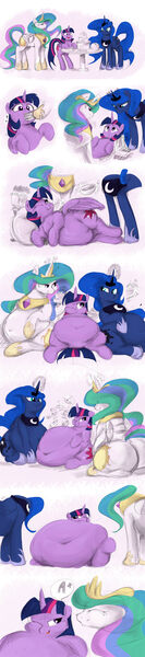Size: 1200x5402 | Tagged: questionable, artist:sirmasterdufel, derpibooru import, princess celestia, princess luna, twilight sparkle, twilight sparkle (alicorn), alicorn, pony, belly button, big belly, cake, cakelestia, chubby, chubbylestia, colored, comic, cookie, eating, fat, fat princess, feeding, female, impossibly large belly, mare, moonbutt, morbidly obese, obese, princess moonpig, stuffed, stuffing, sunbutt, twilard sparkle, weight gain