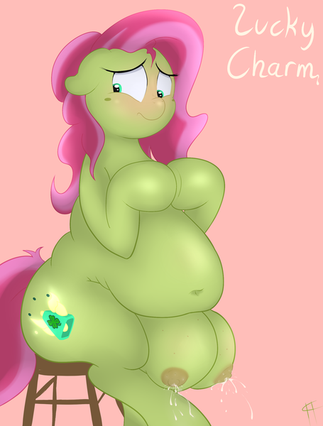 Size: 1897x2500 | Tagged: accident, artist:99, belly, big belly, blushing, breast milk, chubby, crotchboobs, cute, derpibooru import, embarrassed, fat, freckles, impossibly large crotchboobs, lactation, leaking, looking away, milk, milk squirt, nipples, nudity, oc, oc:saggitha slap, questionable, sitting, squirting, stool, unofficial characters only