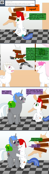 Size: 861x3015 | Tagged: safe, artist:hakar-kerarmor, derpibooru import, oc, oc:arrowhead, oc:bastion, oc:monolith, oc:nors, pegasus, pony, unicorn, ask four inept guardponies, female, hug, male, mare, pizza, royal guard, stallion