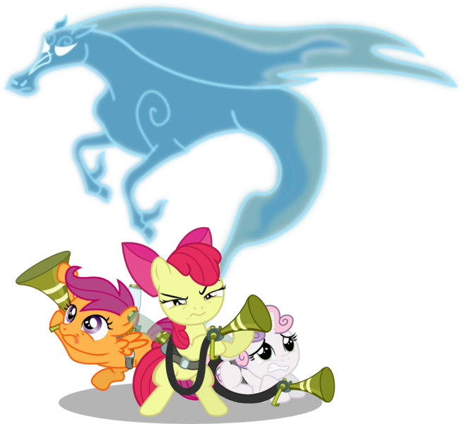 Size: 1042x952 | Tagged: safe, artist:seahawk270, derpibooru import, apple bloom, scootaloo, sweetie belle, earth pony, pegasus, pony, unicorn, windigo, bloom and gloom, cutie mark crusaders, female, filly, ghostbusters, pest control gear, scared, simple background, this will end in tears and/or death and/or covered in tree sap, transparent background, twitbuster apple bloom, vector