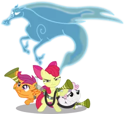 Size: 1042x952 | Tagged: safe, artist:seahawk270, derpibooru import, apple bloom, scootaloo, sweetie belle, earth pony, pegasus, pony, unicorn, windigo, bloom and gloom, cutie mark crusaders, female, filly, ghostbusters, pest control gear, scared, simple background, this will end in tears and/or death and/or covered in tree sap, transparent background, twitbuster apple bloom, vector
