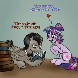 Size: 750x750 | Tagged: alternate hairstyle, artist:jitterbugjive, derpibooru import, dialogue, discorded, discord whooves, doctor whooves, doctwi, female, male, reading, safe, shipping, speed reading, straight, that pony sure does love books, time turner, twilight sparkle