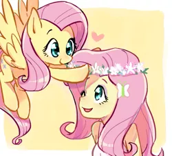 Size: 551x500 | Tagged: dead source, safe, artist:baekgup, derpibooru import, fluttershy, butterfly, pegasus, pony, equestria girls, clothes, cute, female, floral head wreath, flower, flower in hair, heart, human ponidox, mare, one eye closed, open mouth, self ponidox, shyabetes, smiling, square crossover, wink