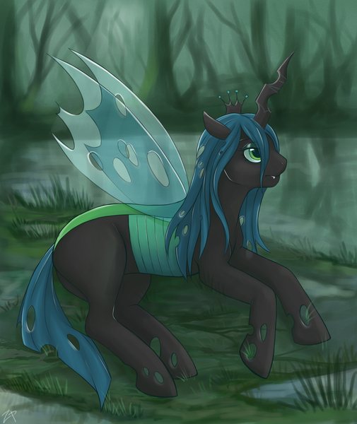 Size: 1600x1900 | Tagged: artist:zacepka, changeling, changeling queen, derpibooru import, female, grass, queen chrysalis, safe, side, solo, swamp