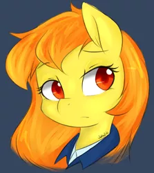 Size: 892x1000 | Tagged: safe, artist:jovalic, derpibooru import, spitfire, pony, alternate hairstyle, blue background, clothes, cute, cutefire, female, mare, portrait, simple background, solo
