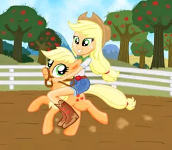 Size: 1448x1261 | Tagged: safe, artist:majkashinoda626, derpibooru import, applejack, equestria girls, blonde hair, blonde tail, boots, bridle, clothes, cowboy hat, cutie mark, fence, freckles, green eyes, grin, hat, high heel boots, hilarious in hindsight, human ponidox, humans riding ponies, orange fur, reins, riding, running, skirt, smiling, solo, square crossover, tree