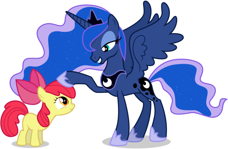 Size: 9150x6000 | Tagged: absurd resolution, .ai available, apple bloom, artist:caliazian, bloom and gloom, derpibooru import, grin, princess luna, safe, simple background, spread wings, transparent background, vector