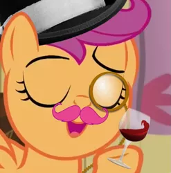 Size: 881x893 | Tagged: bloom and gloom, classy, derpibooru import, drink, edit, facial hair, fancy, glass, hat, image macro, meme, monocle, moustache, safe, scootaloo, top hat, warfstache, wine glass