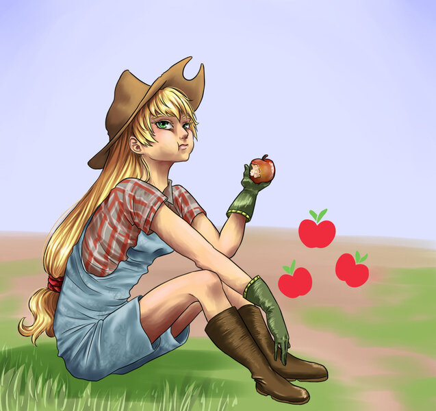 Size: 1024x964 | Tagged: apple, applejack, artist:thildou-chan, boots, clothes, derpibooru import, dungarees, eating, gloves, human, humanized, safe, shirt, sitting, solo