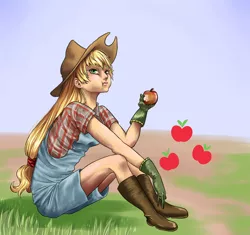Size: 1024x964 | Tagged: apple, applejack, artist:thildou-chan, boots, clothes, derpibooru import, dungarees, eating, gloves, human, humanized, safe, shirt, sitting, solo
