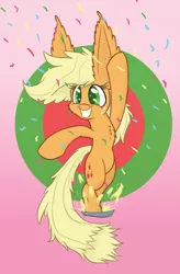 Size: 740x1125 | Tagged: safe, artist:heir-of-rick, derpibooru import, applejack, pony, daily apple pony, bipedal, chest fluff, confetti, ear fluff, hatless, impossibly large ears, missing accessory, pie tin, smiling