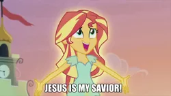 Size: 1280x720 | Tagged: safe, derpibooru import, sunset shimmer, equestria girls, my past is not today, rainbow rocks, christian sunset shimmer, christianity, image macro, jesus christ, meme, religion, religious focus, religious headcanon