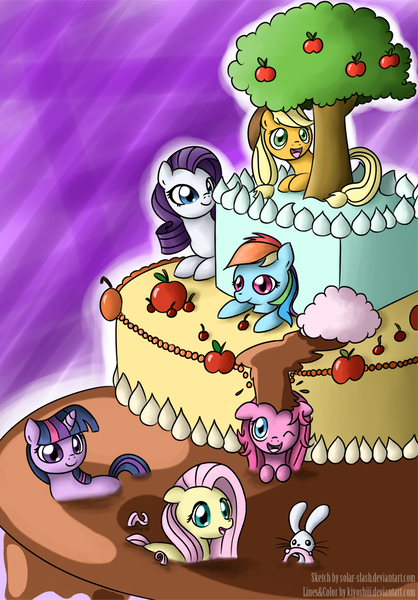 Size: 903x1297 | Tagged: safe, artist:kiyoshiii, artist:solar-slash, derpibooru import, angel bunny, applejack, fluttershy, pinkie pie, rainbow dash, rarity, twilight sparkle, earth pony, pegasus, pony, unicorn, apple, cake, chaos, chocolate, chocolate rain, cloud, cotton candy cloud, food, mane six, micro, ponies in food, submerged, surreal, swimming, tree, unicorn twilight