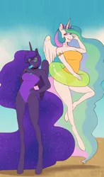 Size: 680x1159 | Tagged: anthro, artist:oops, beach, breasts, busty princess celestia, busty princess luna, clothes, derpibooru import, female, food, ice cream, inner tube, long legs, messy eating, one-piece swimsuit, popsicle, princess celestia, princess luna, sea salt ice cream, skinny, suggestive, sunglasses, swimsuit, unguligrade anthro