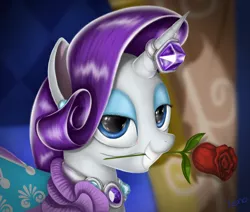 Size: 1500x1272 | Tagged: artist:the1xeno1, derpibooru import, horn ring, mouth hold, rarity, rose, safe, solo