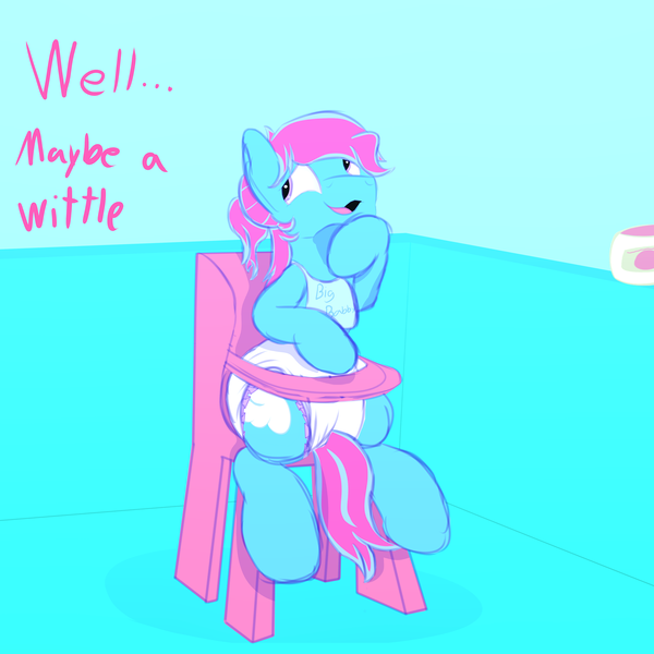 Size: 4000x4000 | Tagged: adult foal, artist:softandfluffy, bib, derpibooru import, diaper, diaper fetish, highchair, oc, oc:softandfluffy, poofy diaper, questionable, unofficial characters only