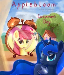 Size: 1200x1409 | Tagged: alarm clock, apple bloom, artist:scootiebloom, bloom and gloom, clock, derpibooru import, groundhog day, movie poster, parody, princess luna, safe