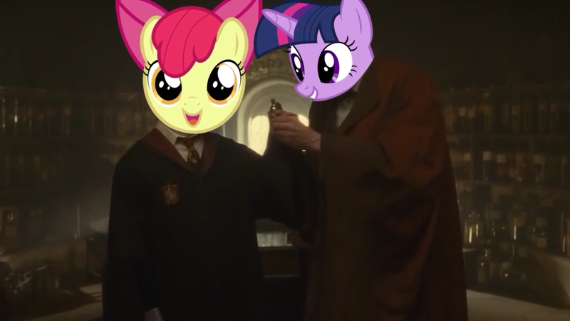 Size: 1280x720 | Tagged: apple bloom, derpibooru import, edit, harry potter, professor slughorn, safe, twilight sparkle