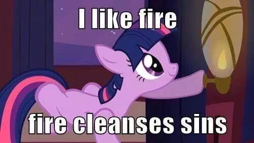 Size: 500x281 | Tagged: safe, derpibooru import, edit, edited screencap, screencap, twilight sparkle, pony, unicorn, over a barrel, eyes on the prize, fire, gas lamp, hoof hold, image macro, looking up, meme, prone, pyromaniac, sin, smiling, solo, twilamp