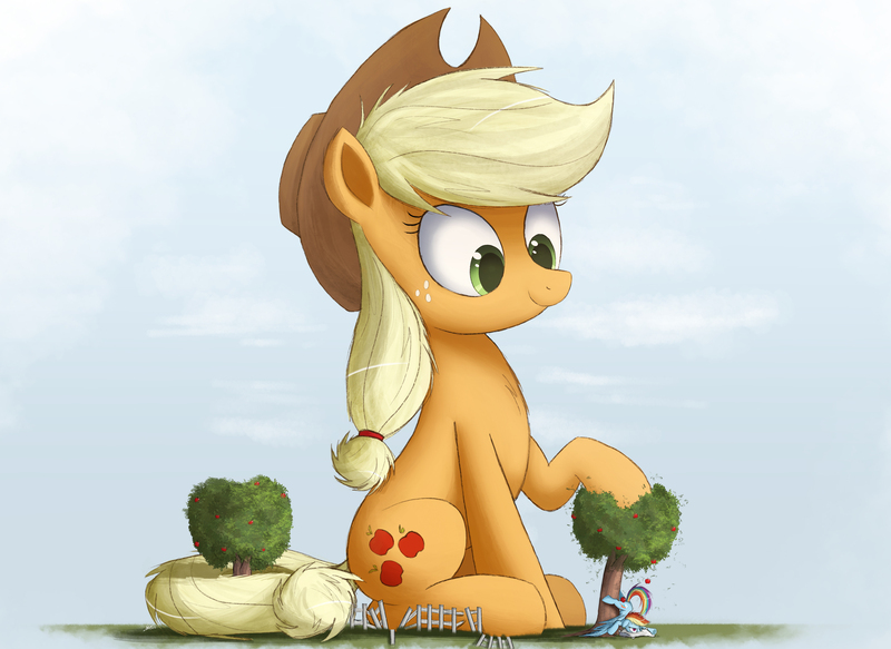 Size: 3000x2185 | Tagged: safe, artist:ncmares, derpibooru import, applejack, rainbow dash, pony, apple, apple tree, big-apple-pony, cute, fence, giant pony, giantess, hat, macro, ncmares is trying to murder us, size difference, smoldash, tree