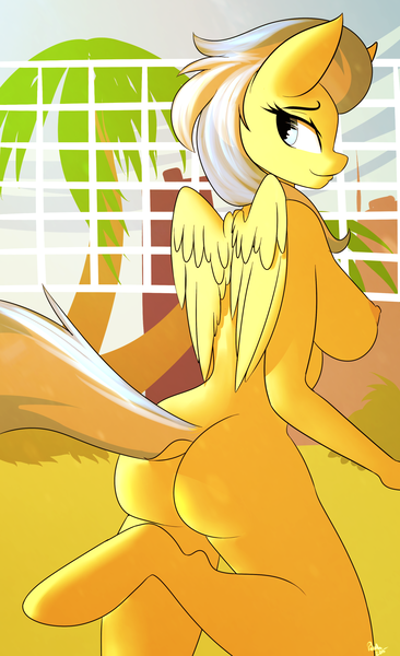 Size: 1171x1920 | Tagged: anthro, artist:patch, ass, blank flank, breasts, busty misty fly, derpibooru import, dock, female, looking back, misty fly, nipples, nudity, pegasus, questionable, sideboob, solo, solo female, unguligrade anthro