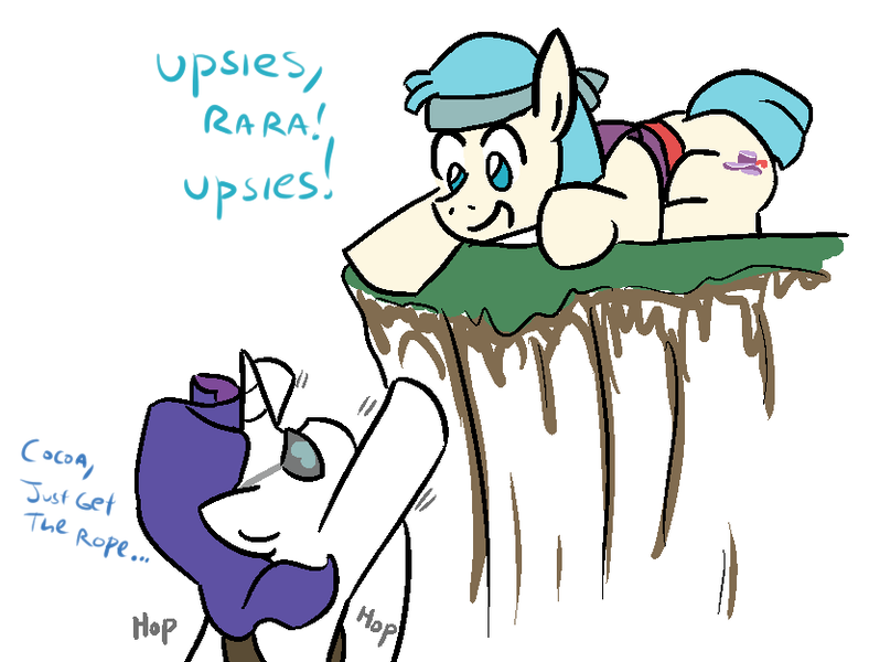 Size: 821x625 | Tagged: alternate universe, artist:jargon scott, bandana, bard, cocoa cantle, coco pommel, cute, derpibooru import, dialogue, eyepatch, jumping, ledge, rarity, rule 63, safe, sword rara, upsies