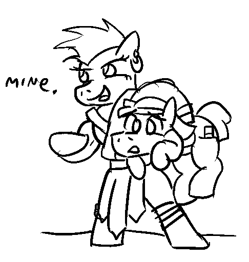 Size: 486x513 | Tagged: alternate universe, artist:jargon scott, bandana, barbarian, bard, buffy biceps, bulk biceps, carrying, cocoa cantle, coco pommel, derpibooru import, earring, loincloth, monochrome, piercing, rule 63, safe, sword rara