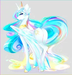 Size: 2125x2222 | Tagged: suggestive, artist:koveliana, derpibooru import, princess celestia, pony, anthro and pony pack, bedroom eyes, chromatic aberration, color porn, female, large wings, looking at you, looking back, plot, raised tail, solo, solo female, sunbutt, unshorn fetlocks