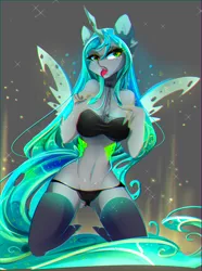 Size: 1464x1968 | Tagged: suggestive, artist:koveliana, derpibooru import, queen chrysalis, anthro, anthro and pony pack, black underwear, bra, breasts, chromatic aberration, clothes, color porn, panties, solo, stockings, tongue out, underwear