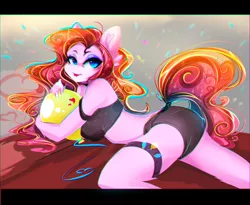 Size: 2222x1822 | Tagged: suggestive, artist:koveliana, derpibooru import, pinkie pie, anthro, :p, anthro and pony pack, bra, breasts, chromatic aberration, clothes, panties, solo, tongue out, underwear