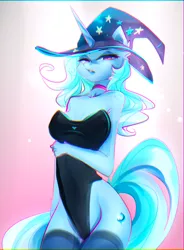 Size: 1638x2222 | Tagged: anthro, anthro and pony pack, artist:mexr, bedroom eyes, chromatic aberration, clothes, derpibooru import, female, gradient background, looking at you, solo, solo female, stockings, suggestive, trixie