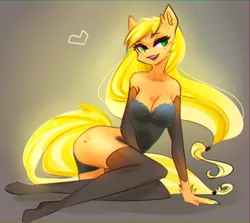 Size: 1819x1622 | Tagged: anthro, anthro and pony pack, applejack, artist:mexr, breasts, busty applejack, clothes, derpibooru import, evening gloves, female, nudity, solo, stockings, suggestive