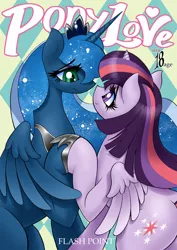 Size: 849x1200 | Tagged: safe, artist:aoi takayuki, derpibooru import, princess luna, twilight sparkle, twilight sparkle (alicorn), alicorn, pony, explicit source, female, lesbian, mare, pixiv, pony love 2, shipping, twiluna