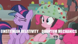 Size: 1920x1080 | Tagged: albert einstein, derpibooru import, feeling pinkie keen, hub logo, image macro, meme, metaphor, physics, pinkie pie, quantum mechanics, relativity, safe, science, screencap, transformers, twilight's lab, twilight sparkle